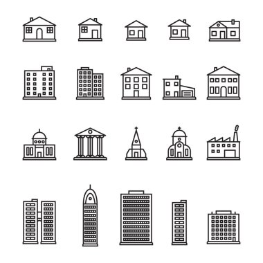 İnce çizgi binalar Icon set. Piksel mükemmel vektör.