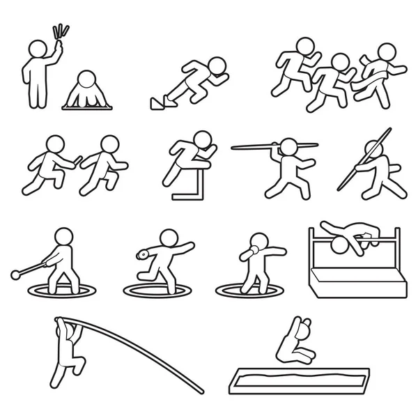 Juego Iconos Línea Atletismo Pista Campo Esquema Conjunto Iconos Deportivos — Vector de stock