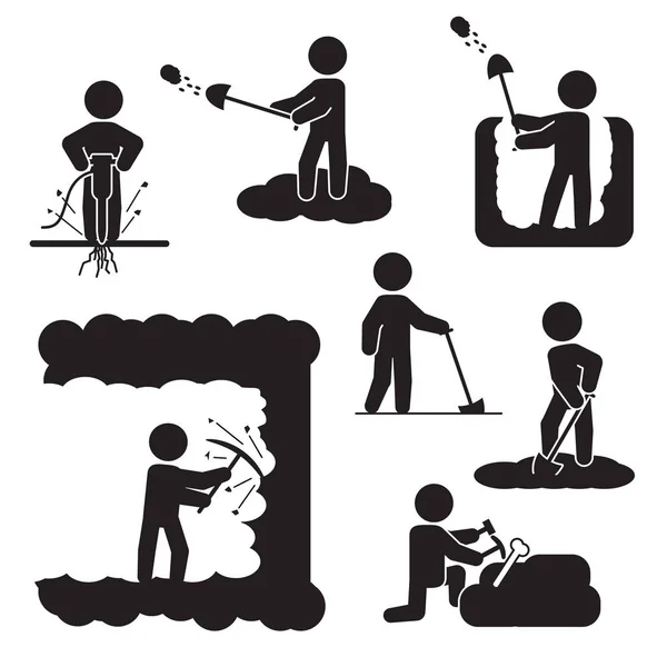 People Digging Excavating Drilling Icon Set Vector Icons — Stock Vector