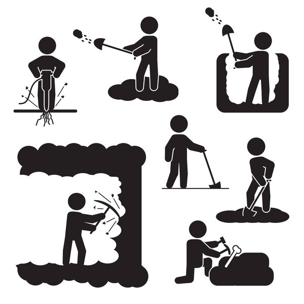 People digging, excavating or drilling icon set. Vector icons.
