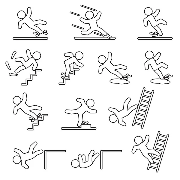 People Falling Slipping Thin Line Icon Set Vector — Stock Vector