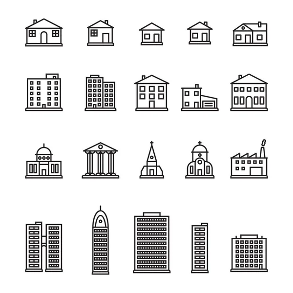 Conjunto Iconos Edificios Línea Delgada Pixel Vector Perfecto — Vector de stock