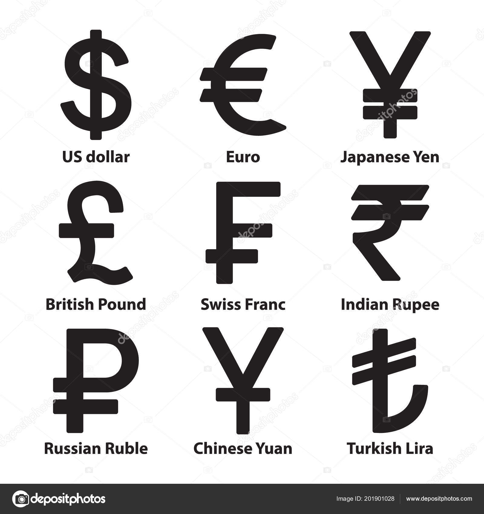 Simbol Mata Uang Ditetapkan Dollar Euro Ruble Yuan Yen Lira Vektor Stok 