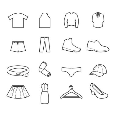 Giysi Icon set. Vektör ince çizgi. 