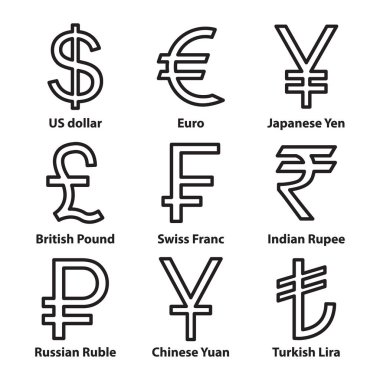 Para birimleri Icons set sembolü. Dolar, Euro, Rublesi, Yuan, Yen, Lira, İsviçre Frangı, Hint Rupisi ve İngiliz Lirası. Vektör
