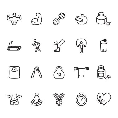 Fitness ve vücut geliştirme ince çizgi Icon set. Vektör.