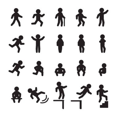 İnsanlar Icon set. Koşma, yürüme, düşen, ayakta ve oturan insanlar. Vektör. 
