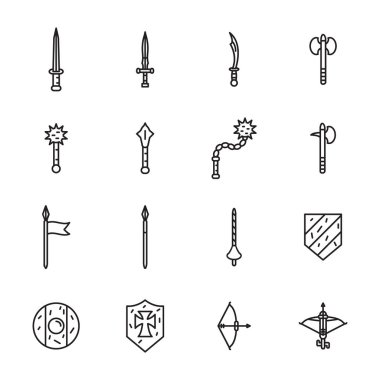 Ortaçağ silahlar ince çizgi Icon set. Vektör.