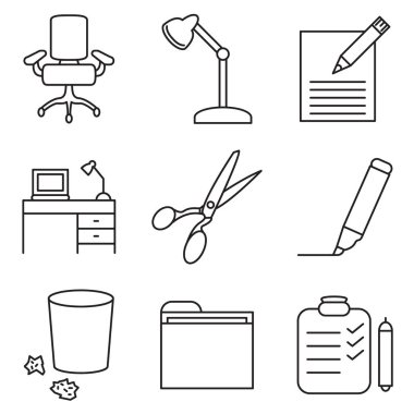 Office simge seti. Kırtasiye simge seti. Vektör. 
