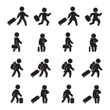 İnsan çantaları ve Bagaj ile seyahat. Erkek ve dişi varyasyonları. Vektör Icon set. Düzenlenebilir. 
