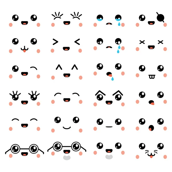 Conjunto Iconos Kawaii Emoticono Lindo Emoji Cara Vector — Vector de stock