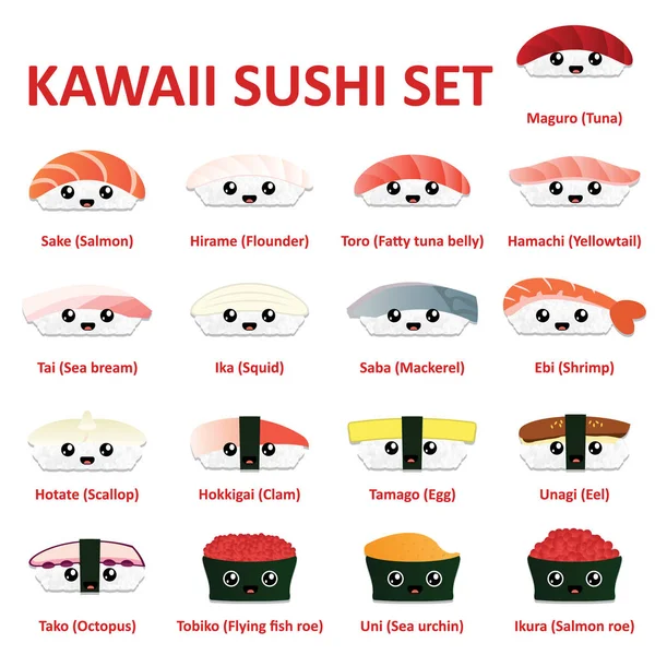 Kawaii suşi Icon set. Vektör.