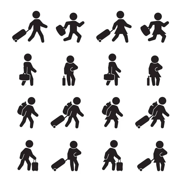 People Traveling Bags Luggage Male Female Variations Vector Icon Set — Stock Vector
