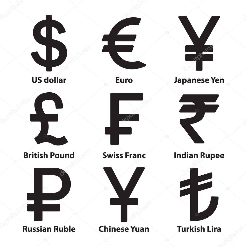 Currencies Symbol Icons Set Dollar Euro Ruble Yuan Yen ...