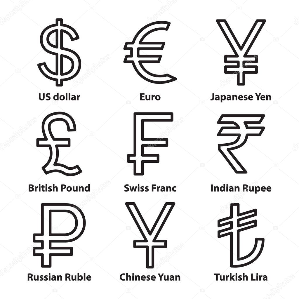 Currencies symbol icons set. Dollar, Euro, Ruble, Yuan, Yen, Lira, Swiss Franc, Indian Rupee and British Pound. Vector