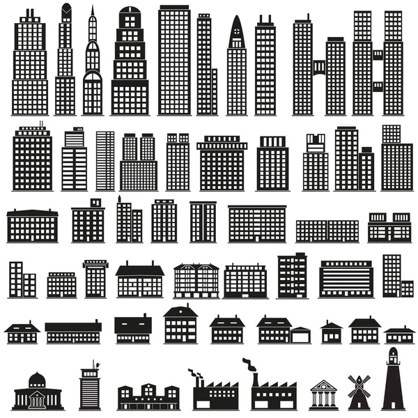 Conjunto Edificios Conjunto Iconos Vector — Vector de stock