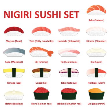 Nigiri suşi Icon set. Japon mutfağı. Vektör. 