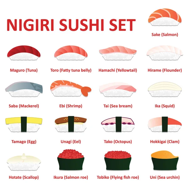 Nigiri suşi Icon set. Japon mutfağı. Vektör. 