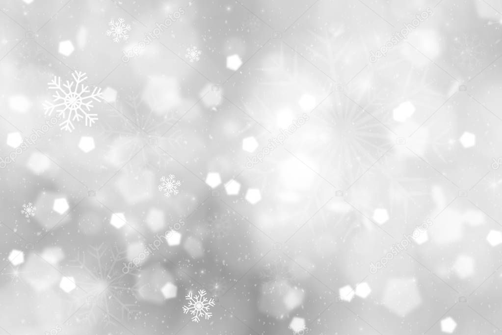 Dreamy bright silver colored bokeh with snowflakes illustration.