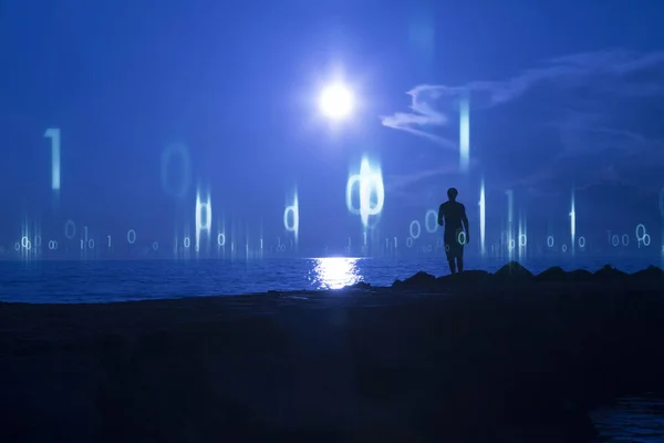 Silhouette of a single person with futuristic computer binary numbers network background.