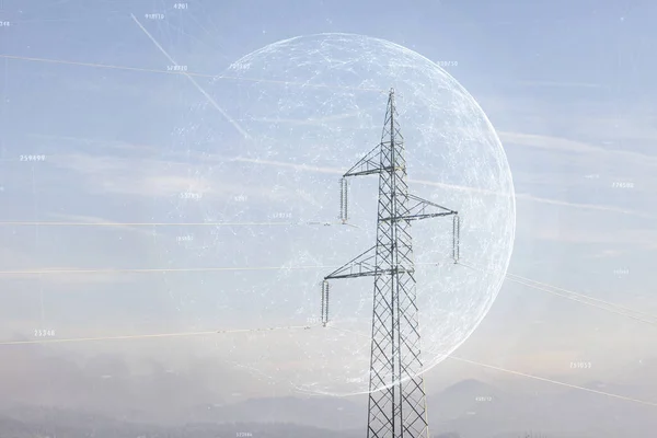 Electric power infrastructure with digital connection lines, dots and random numbers background