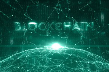 Turkuaz yeşil blockchain sözcük soyut siber ağ resimde arka plan üzerinde renkli