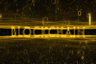 Altın renkli sanatsal blockchain sözcük soyut dalgalı siber resimde arka plan üzerinde