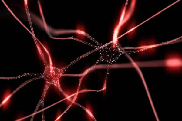 Beyin Resimde Siyah Arka Plan Üzerine Nöronlarda Sanatsal Kırmızı Boyalı — Stok fotoğraf