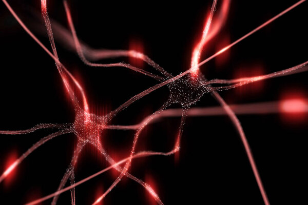 Artistic red colored neurons in brain illustration on black background