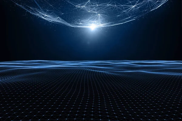 Kavramsal fütüristik güneşli ağ küre dalgalı çizgiler çizim ile