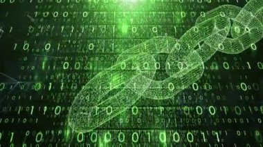     Blockchain zinciri hareket bilgisayar ikili sayılar arka plan üzerinde. 
