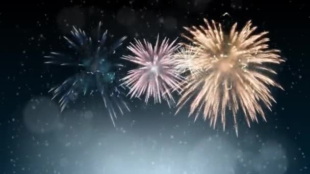 Cielo Notturno Con Fuochi Artificio Scoppiettanti Nevicate — Video Stock