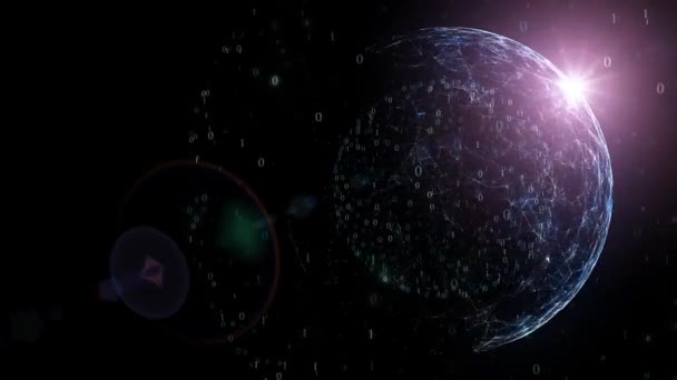     globe réseau rotatif avec nombres binaires, éruption solaire, lignes et mouvements de points. Vue de l'espace . 