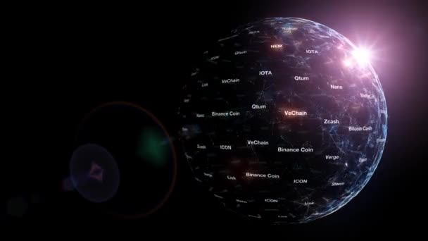     Mots aléatoires crypto-monnaie sur fond de mouvement de sphère de réseau . 