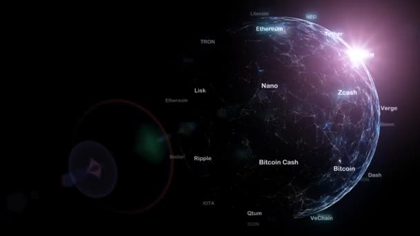     Futuriste crypto-monnaie mots brillants sur fond de mouvement de la sphère de réseau . 