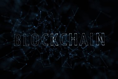 Sanatsal blockchain bulut kelime hatları ve üçgen şekiller illüstrasyon soyut koyu mavi zemin üzerine.