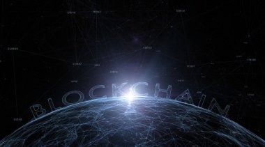Blockchain kelime sayıları, çizgiler ve noktalar illüstrasyon soyut koyu mavi siber zemin üzerine. 