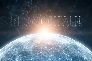 Fütüristik ağ dünya uzaydan blockchain kelime ile göster.