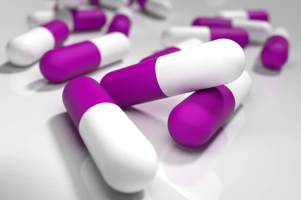 Violet White Colored Medical Pills Capsule White Illustration Background Selective — Stock Photo, Image