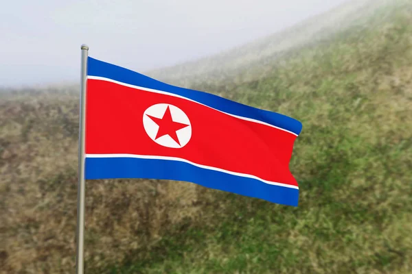 North Korean Flag Waving Flagpole Rural Landscape — Stock Photo, Image