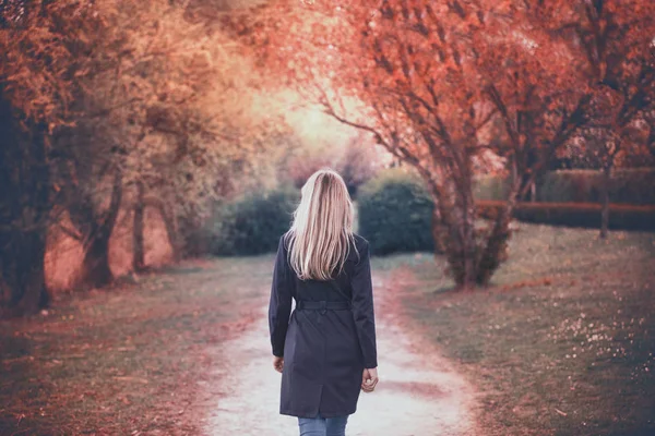 Blonde Woman Blue Elegant Coat Walks Sunny Autumn Season Park — Stock Photo, Image