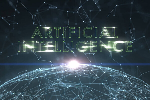 Green colored artificial intelligence word on abstract blue cyberspace background with lines and dots illustration.