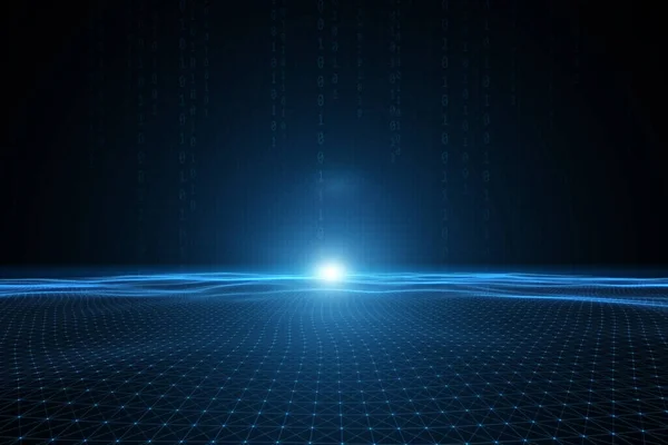 Kavramsal dalgalı ikili sayılar çizgiler ve noktalar resimde siyah arka plan üzerine güneş ışığı ile ağ. 