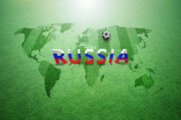 3d Russia letters painted with Russian flag on green textured soccer field with world map.