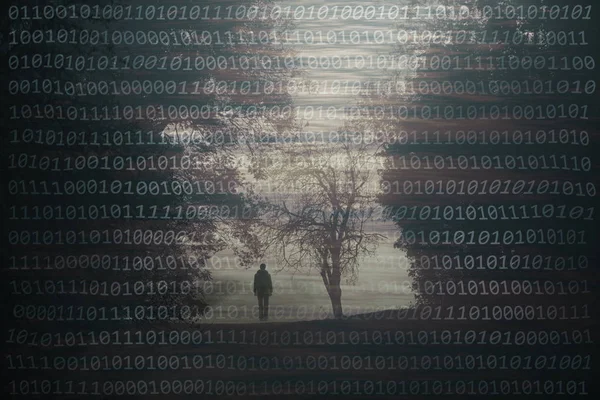 Back view of a person stands on misty countryside meadow with trees. Abstract grunge binary numbers background.
