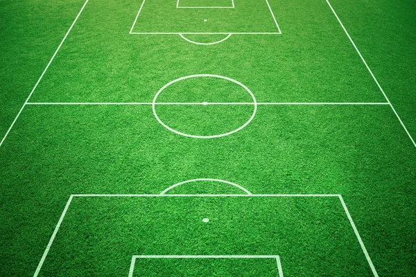 Soccer Playfield Ground Lines Sunny Grass Background Goal Side Perspective — Stock Photo, Image