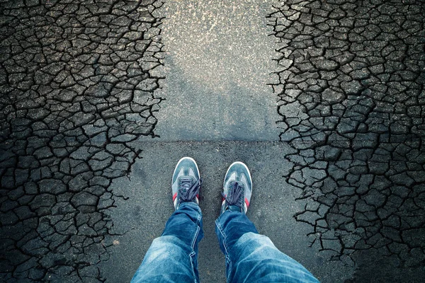 Top View Man Stands Cracked Damaged Asphalt Road Floor Point — Stock Photo, Image