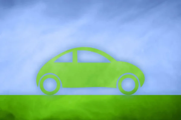 Green electric car icon on blue blurred background.