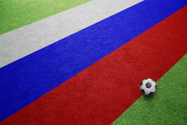Rusko Vlajka Slunné Fotbalové Travnaté Hřiště Míčem Kopírovat Pozadí Prostoru — Stock fotografie