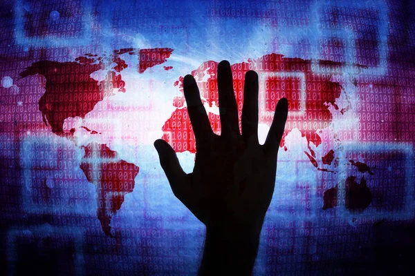 Grunge abstract computer world map window with silhouette of a person hand.